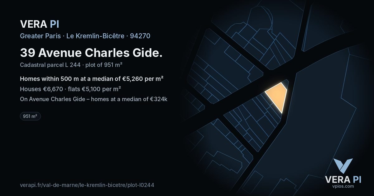 39 Avenue Charles Gide, Le Kremlin-Bicêtre at night – the plot lit, the parcels around coloured by the prices near them