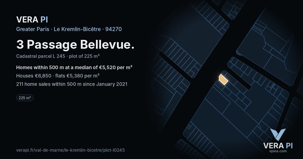 3 Passage Bellevue, Le Kremlin-Bicêtre at night – the plot lit, the parcels around coloured by the prices near them
