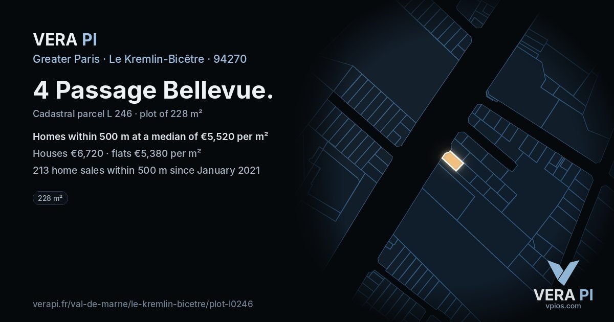 4 Passage Bellevue, Le Kremlin-Bicêtre at night – the plot lit, the parcels around coloured by the prices near them