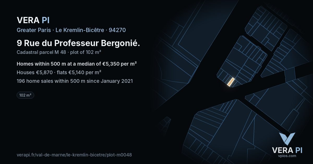 9 Rue du Professeur Bergonié, Le Kremlin-Bicêtre at night – the plot lit, the parcels around coloured by the prices near them