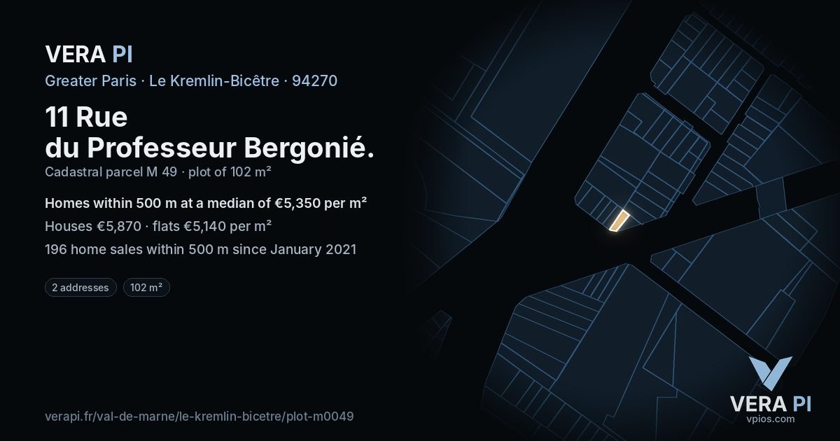 11 Rue du Professeur Bergonié, Le Kremlin-Bicêtre at night – the plot lit, the parcels around coloured by the prices near them