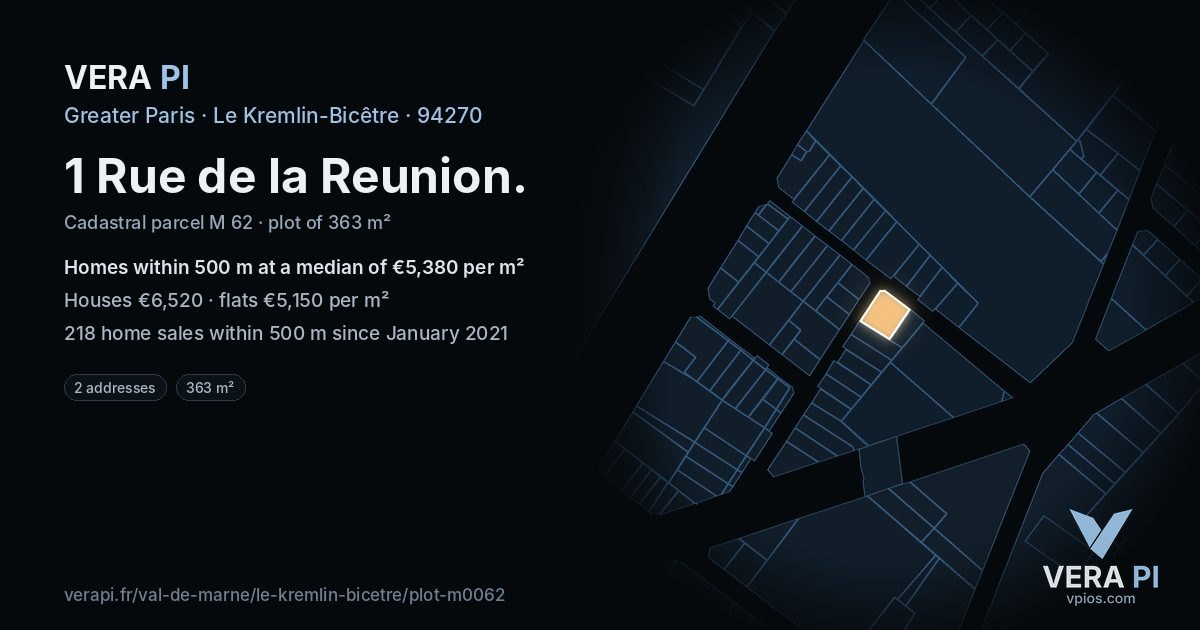 1 Rue de la Reunion, Le Kremlin-Bicêtre at night – the plot lit, the parcels around coloured by the prices near them