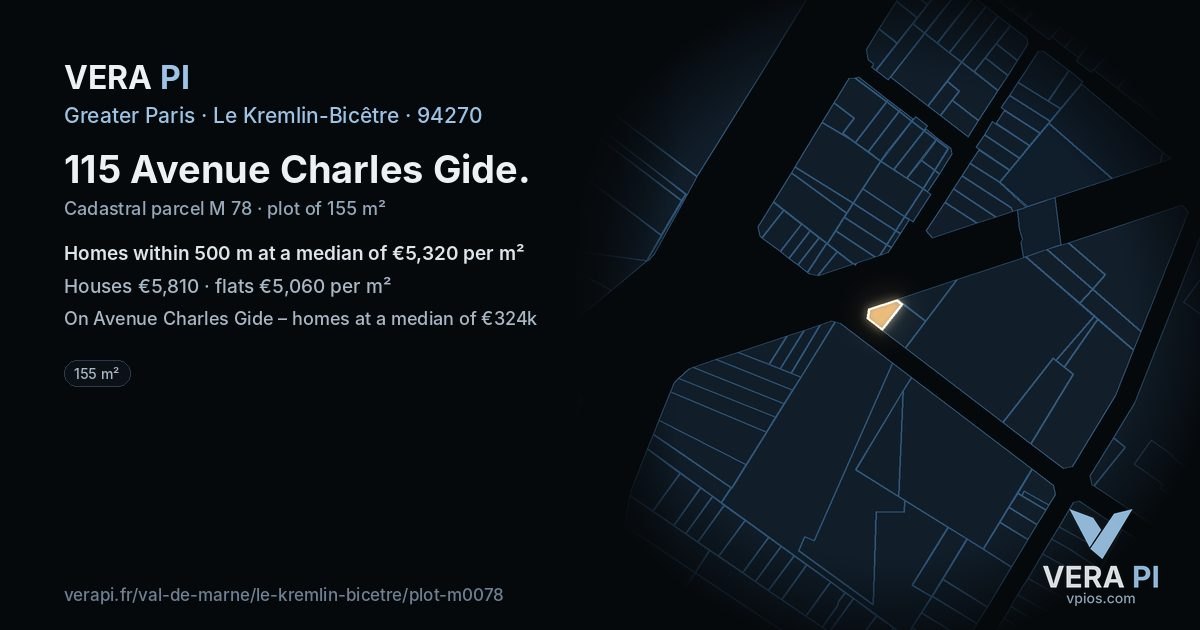 115 Avenue Charles Gide, Le Kremlin-Bicêtre at night – the plot lit, the parcels around coloured by the prices near them