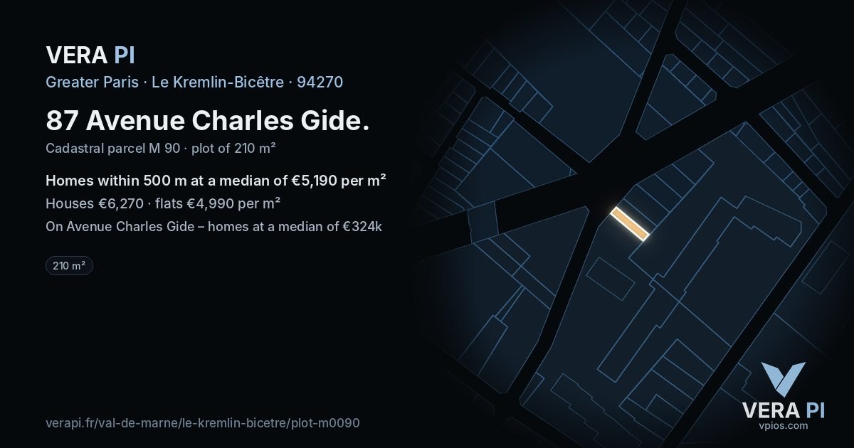 87 Avenue Charles Gide, Le Kremlin-Bicêtre at night – the plot lit, the parcels around coloured by the prices near them