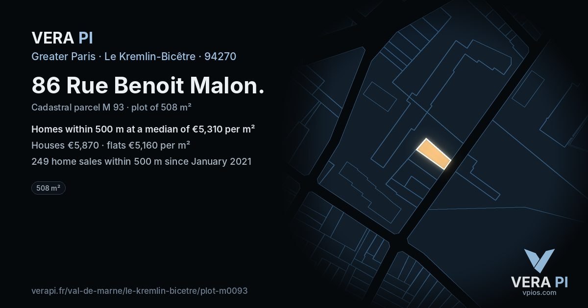 86 Rue Benoit Malon, Le Kremlin-Bicêtre at night – the plot lit, the parcels around coloured by the prices near them