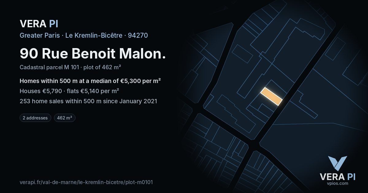90 Rue Benoit Malon, Le Kremlin-Bicêtre at night – the plot lit, the parcels around coloured by the prices near them