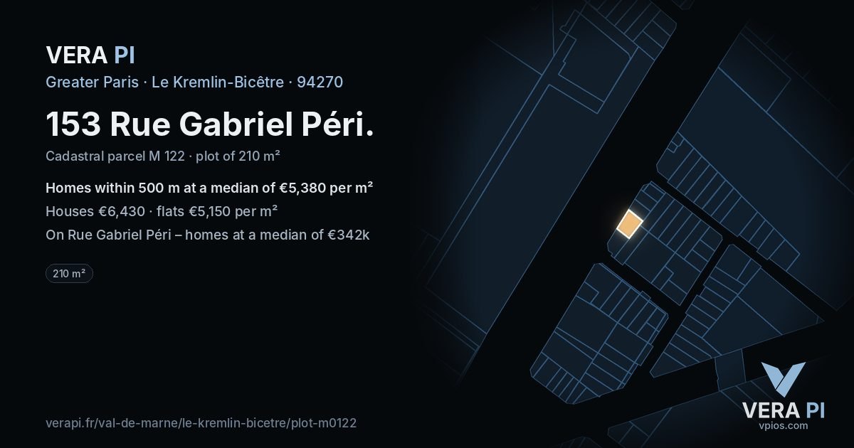 153 Rue Gabriel Péri, Le Kremlin-Bicêtre at night – the plot lit, the parcels around coloured by the prices near them