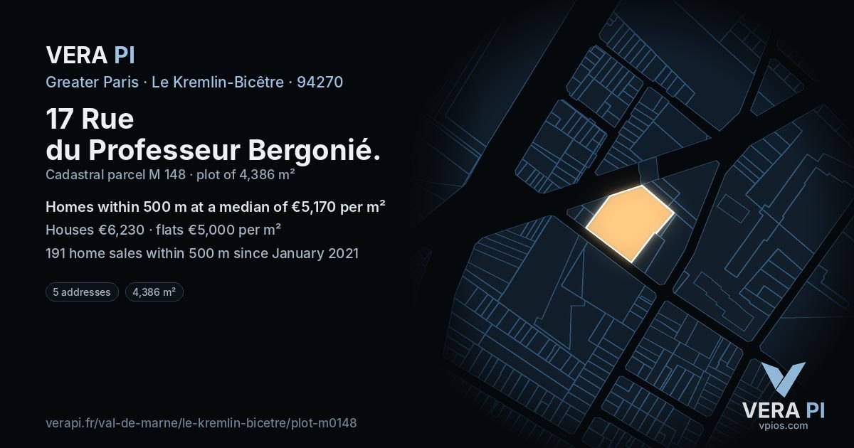 17 Rue du Professeur Bergonié, Le Kremlin-Bicêtre at night – the plot lit, the parcels around coloured by the prices near them