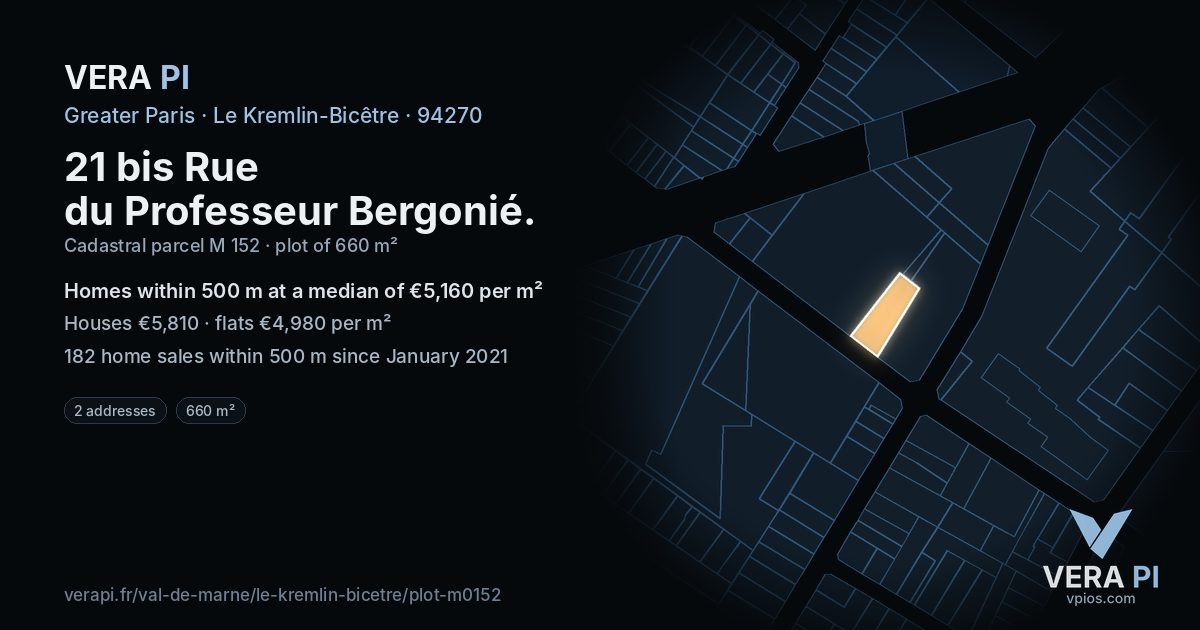 21 bis Rue du Professeur Bergonié, Le Kremlin-Bicêtre at night – the plot lit, the parcels around coloured by the prices near them