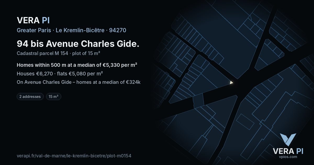 94 bis Avenue Charles Gide, Le Kremlin-Bicêtre at night – the plot lit, the parcels around coloured by the prices near them