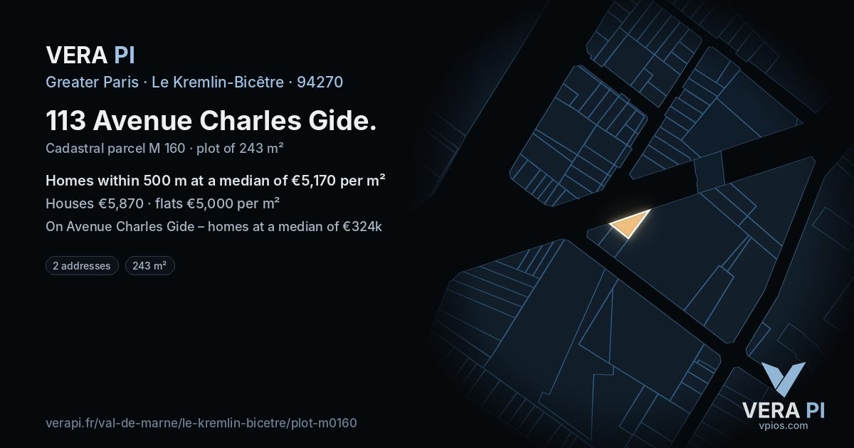 113 Avenue Charles Gide, Le Kremlin-Bicêtre at night – the plot lit, the parcels around coloured by the prices near them