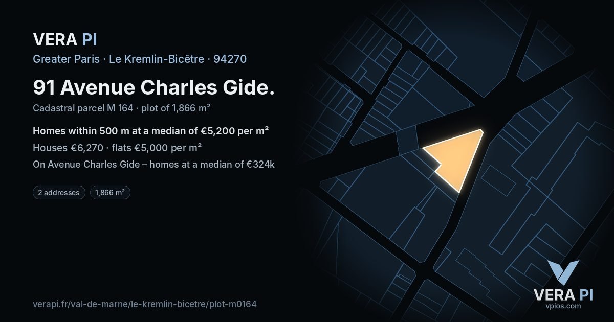91 Avenue Charles Gide, Le Kremlin-Bicêtre at night – the plot lit, the parcels around coloured by the prices near them