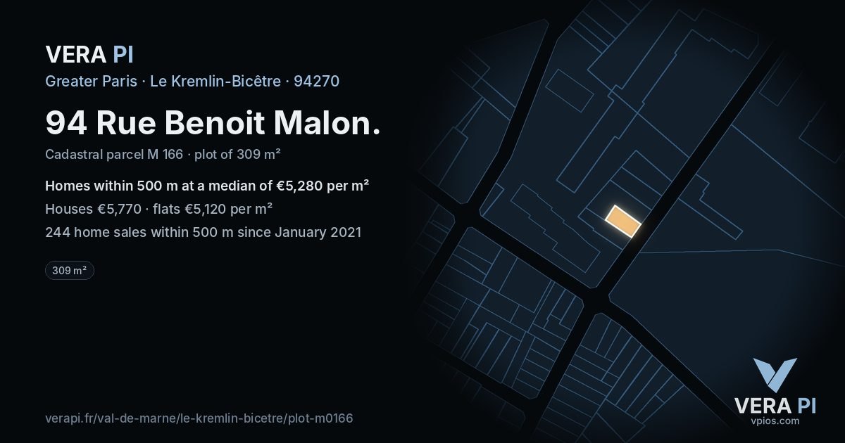 94 Rue Benoit Malon, Le Kremlin-Bicêtre at night – the plot lit, the parcels around coloured by the prices near them