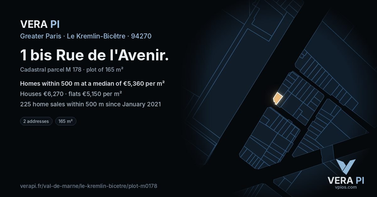 1 bis Rue de l'Avenir, Le Kremlin-Bicêtre at night – the plot lit, the parcels around coloured by the prices near them