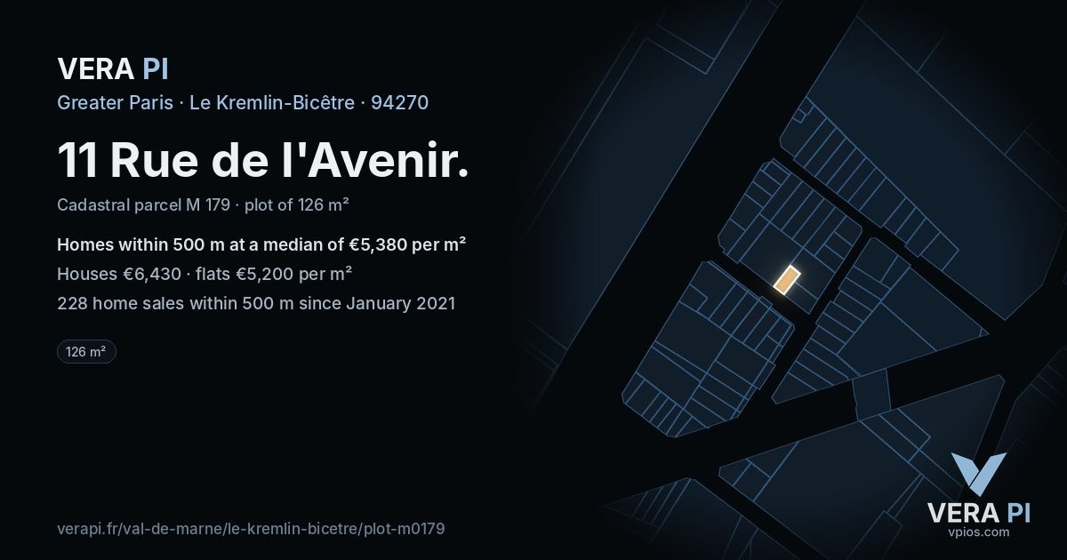 11 Rue de l'Avenir, Le Kremlin-Bicêtre at night – the plot lit, the parcels around coloured by the prices near them