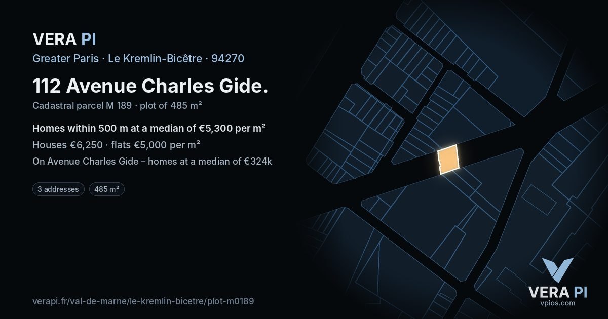 112 Avenue Charles Gide, Le Kremlin-Bicêtre at night – the plot lit, the parcels around coloured by the prices near them