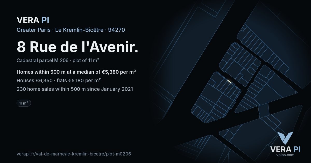 8 Rue de l'Avenir, Le Kremlin-Bicêtre at night – the plot lit, the parcels around coloured by the prices near them