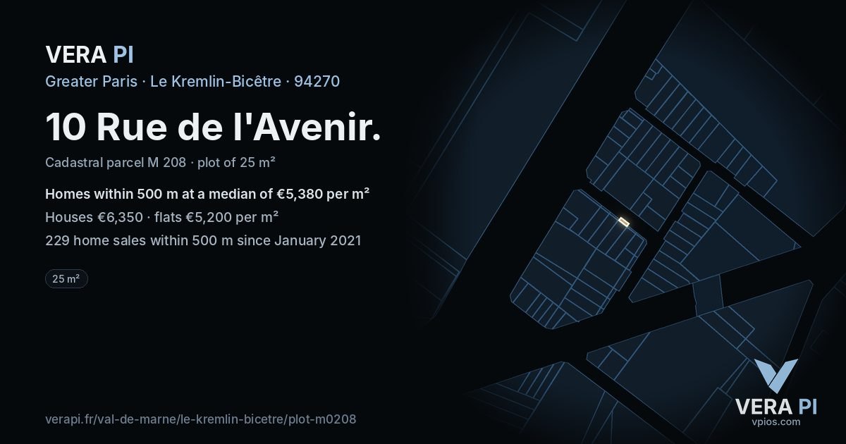 10 Rue de l'Avenir, Le Kremlin-Bicêtre at night – the plot lit, the parcels around coloured by the prices near them