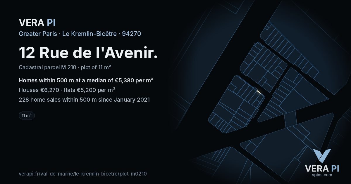 12 Rue de l'Avenir, Le Kremlin-Bicêtre at night – the plot lit, the parcels around coloured by the prices near them