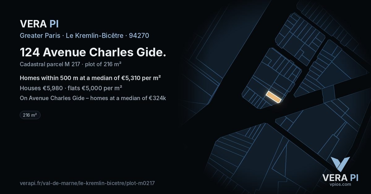 124 Avenue Charles Gide, Le Kremlin-Bicêtre at night – the plot lit, the parcels around coloured by the prices near them