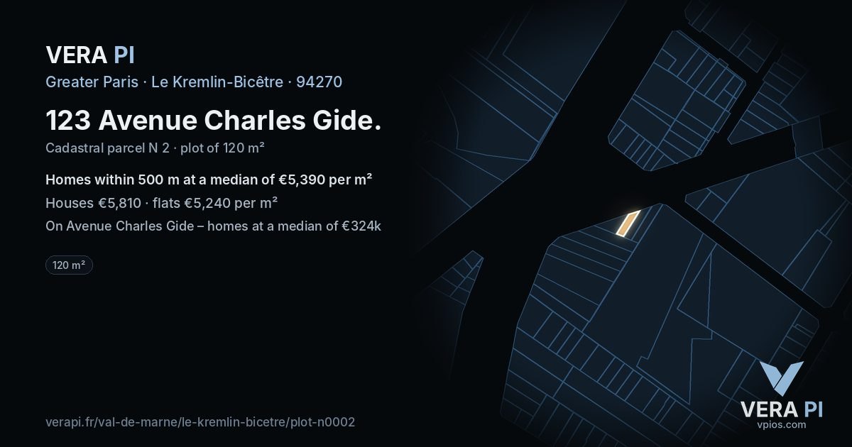 123 Avenue Charles Gide, Le Kremlin-Bicêtre at night – the plot lit, the parcels around coloured by the prices near them
