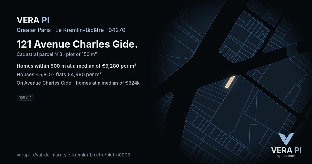 121 Avenue Charles Gide, Le Kremlin-Bicêtre at night – the plot lit, the parcels around coloured by the prices near them