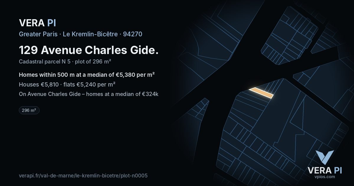 129 Avenue Charles Gide, Le Kremlin-Bicêtre at night – the plot lit, the parcels around coloured by the prices near them