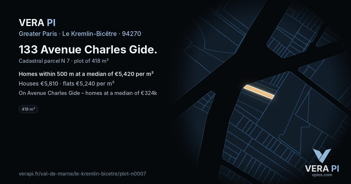 133 Avenue Charles Gide, Le Kremlin-Bicêtre at night – the plot lit, the parcels around coloured by the prices near them