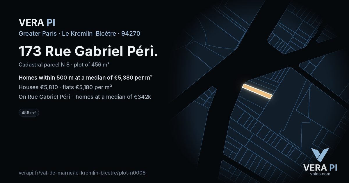 173 Rue Gabriel Péri, Le Kremlin-Bicêtre at night – the plot lit, the parcels around coloured by the prices near them