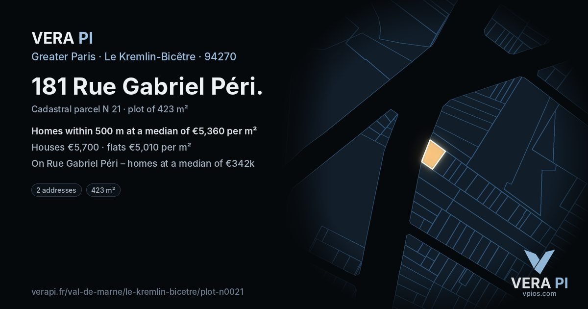 181 Rue Gabriel Péri, Le Kremlin-Bicêtre at night – the plot lit, the parcels around coloured by the prices near them