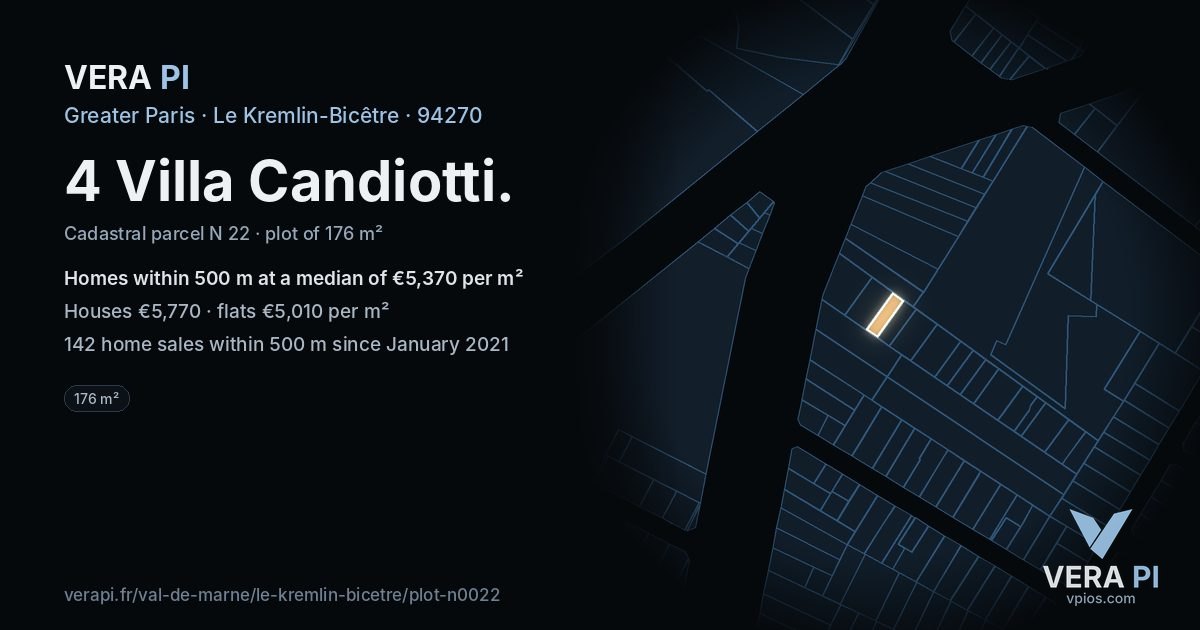 4 Villa Candiotti, Le Kremlin-Bicêtre at night – the plot lit, the parcels around coloured by the prices near them