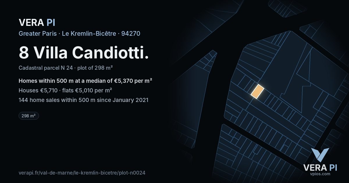 8 Villa Candiotti, Le Kremlin-Bicêtre at night – the plot lit, the parcels around coloured by the prices near them