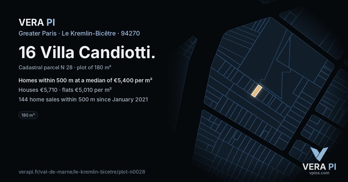 16 Villa Candiotti, Le Kremlin-Bicêtre at night – the plot lit, the parcels around coloured by the prices near them
