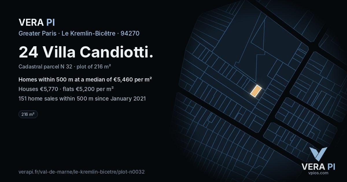 24 Villa Candiotti, Le Kremlin-Bicêtre at night – the plot lit, the parcels around coloured by the prices near them