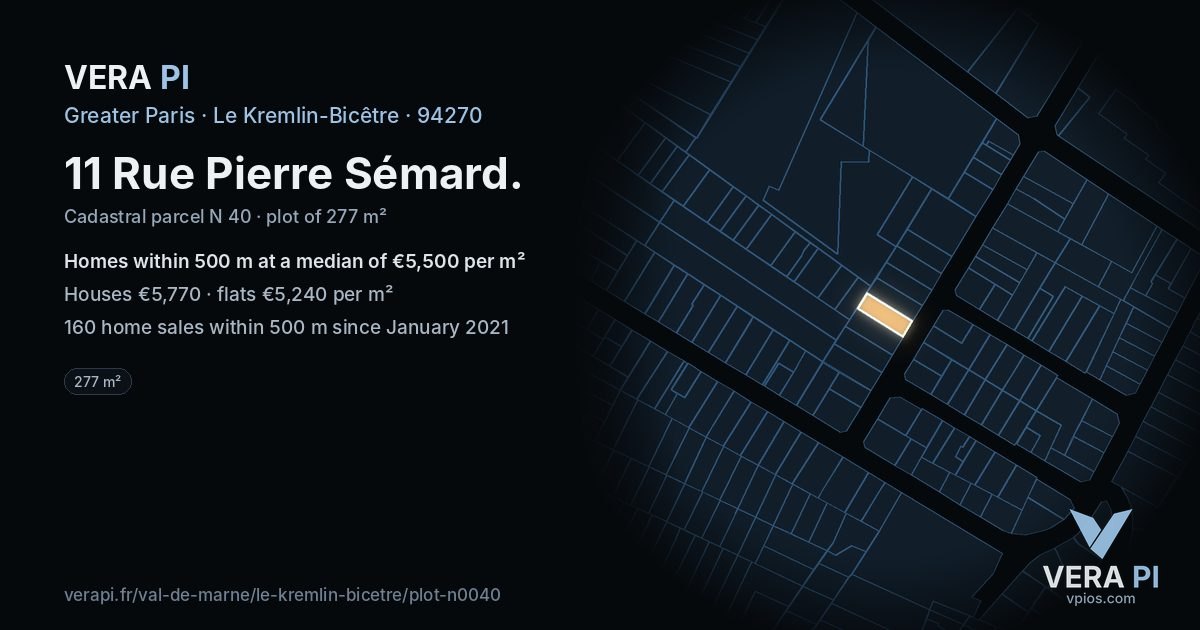 11 Rue Pierre Sémard, Le Kremlin-Bicêtre at night – the plot lit, the parcels around coloured by the prices near them