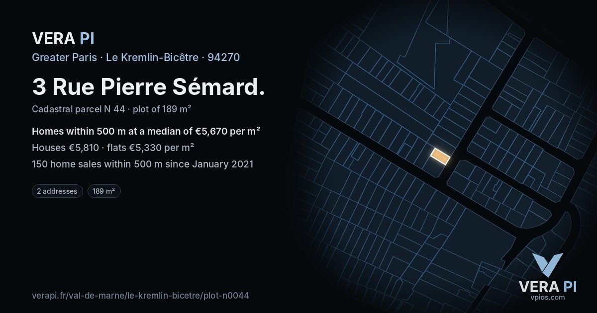 3 Rue Pierre Sémard, Le Kremlin-Bicêtre at night – the plot lit, the parcels around coloured by the prices near them