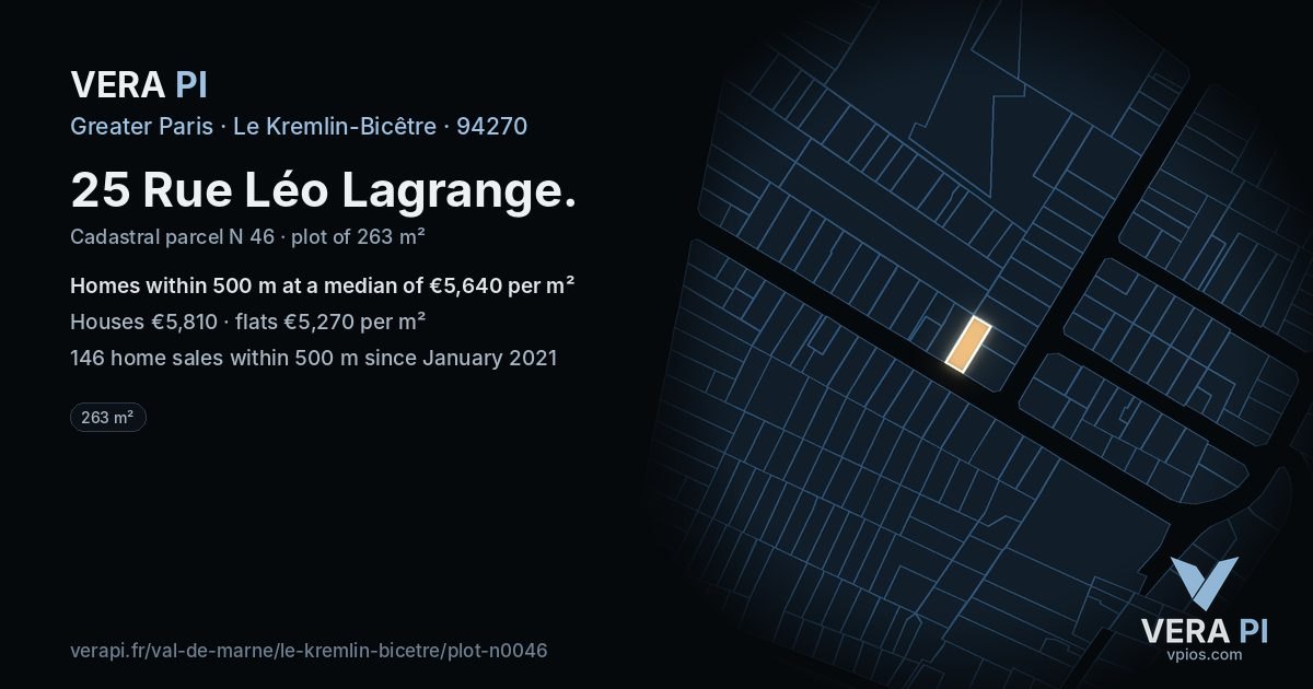 25 Rue Léo Lagrange, Le Kremlin-Bicêtre at night – the plot lit, the parcels around coloured by the prices near them