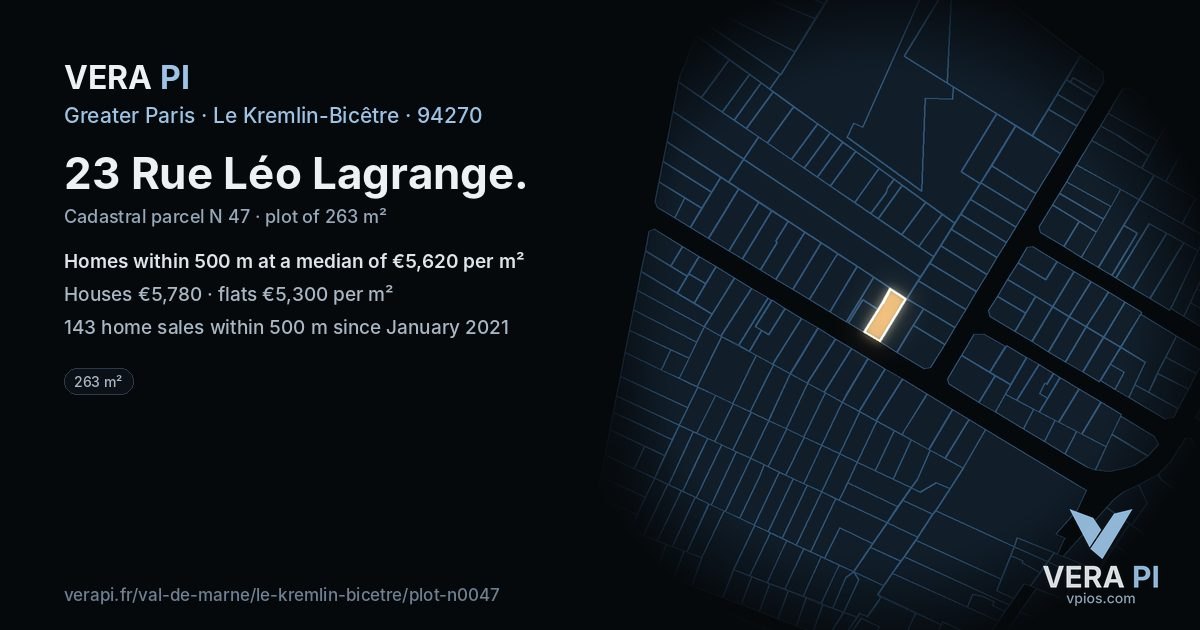 23 Rue Léo Lagrange, Le Kremlin-Bicêtre at night – the plot lit, the parcels around coloured by the prices near them