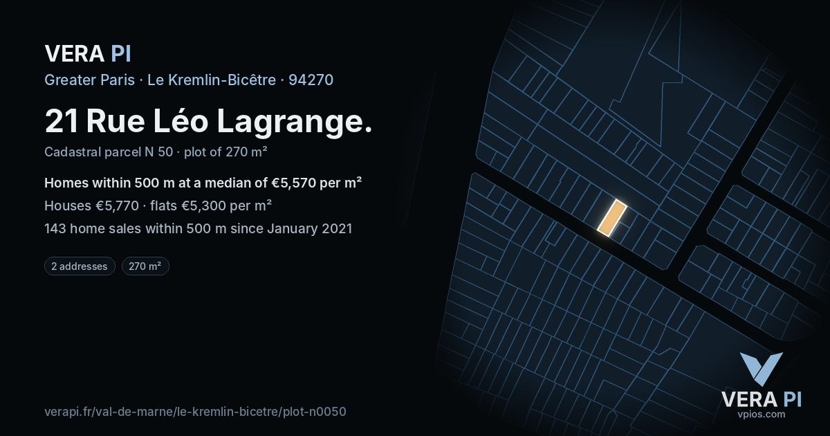 21 Rue Léo Lagrange, Le Kremlin-Bicêtre at night – the plot lit, the parcels around coloured by the prices near them