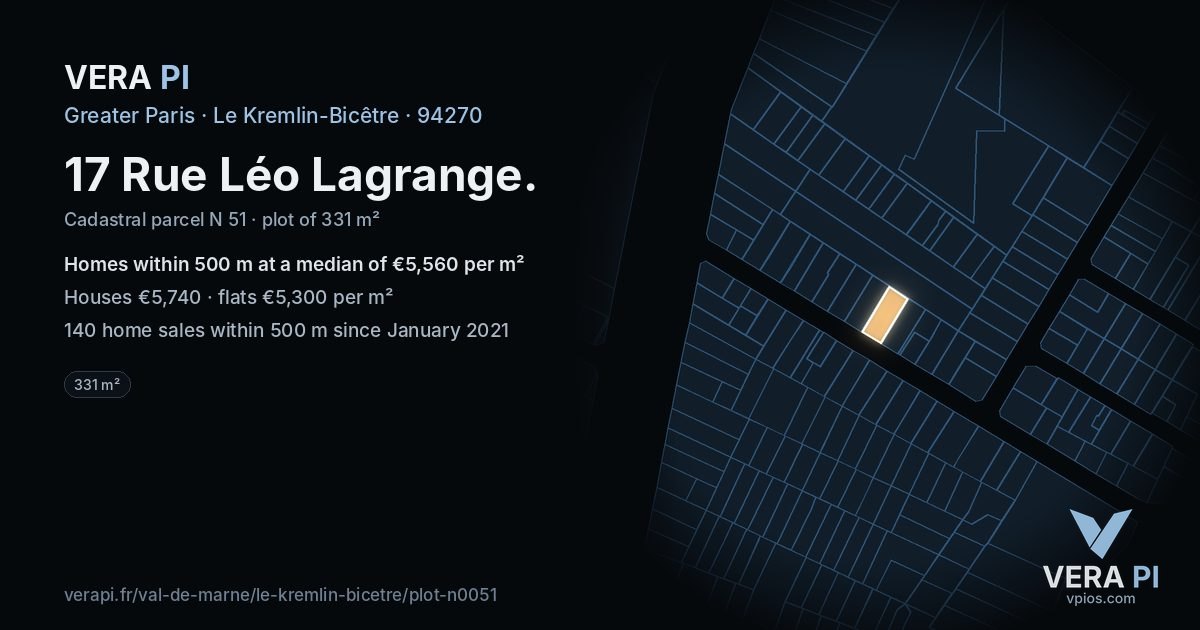 17 Rue Léo Lagrange, Le Kremlin-Bicêtre at night – the plot lit, the parcels around coloured by the prices near them