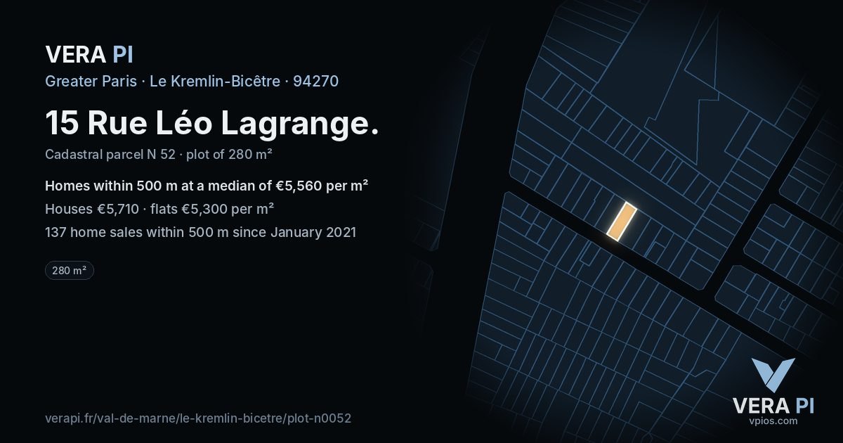 15 Rue Léo Lagrange, Le Kremlin-Bicêtre at night – the plot lit, the parcels around coloured by the prices near them