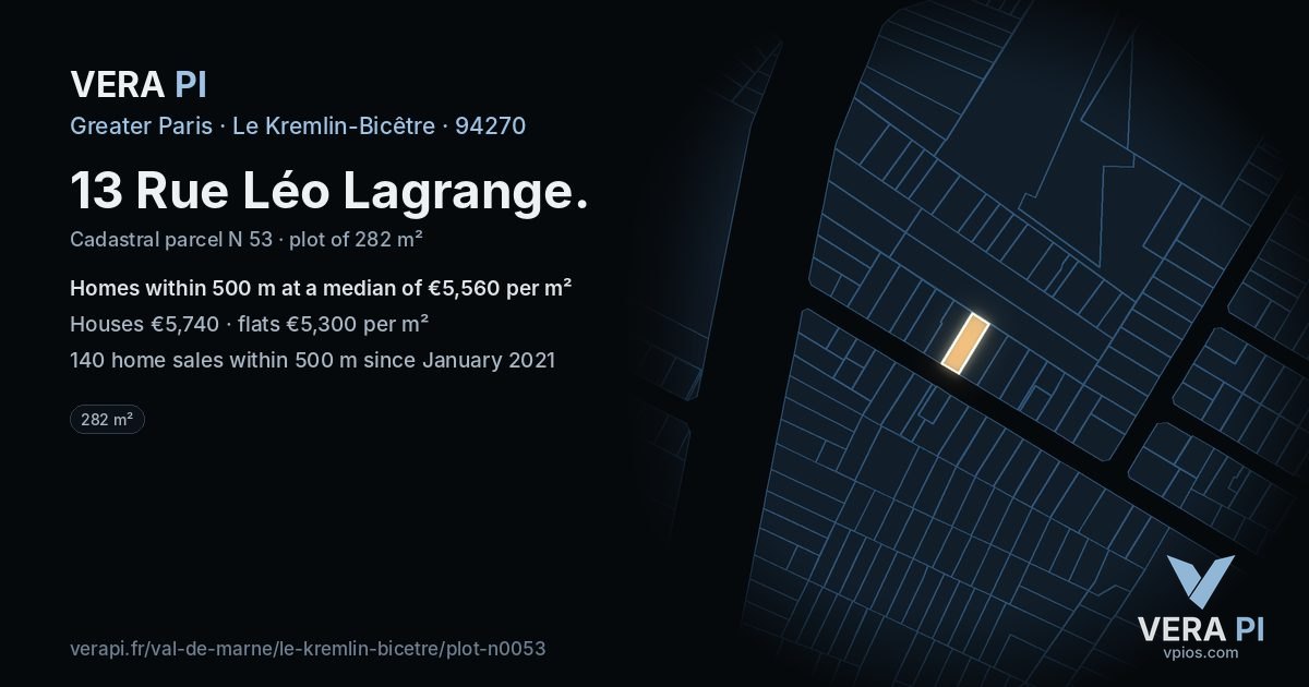 13 Rue Léo Lagrange, Le Kremlin-Bicêtre at night – the plot lit, the parcels around coloured by the prices near them