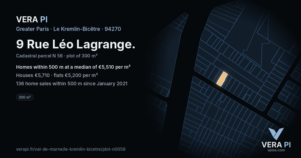 9 Rue Léo Lagrange, Le Kremlin-Bicêtre at night – the plot lit, the parcels around coloured by the prices near them