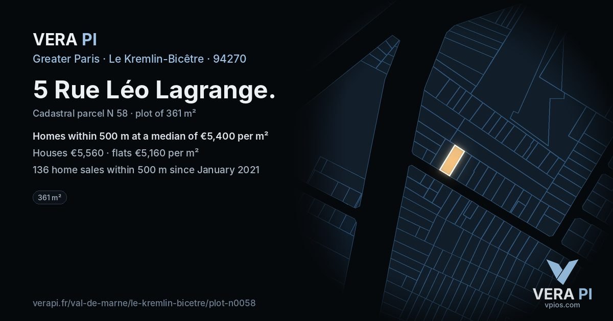 5 Rue Léo Lagrange, Le Kremlin-Bicêtre at night – the plot lit, the parcels around coloured by the prices near them