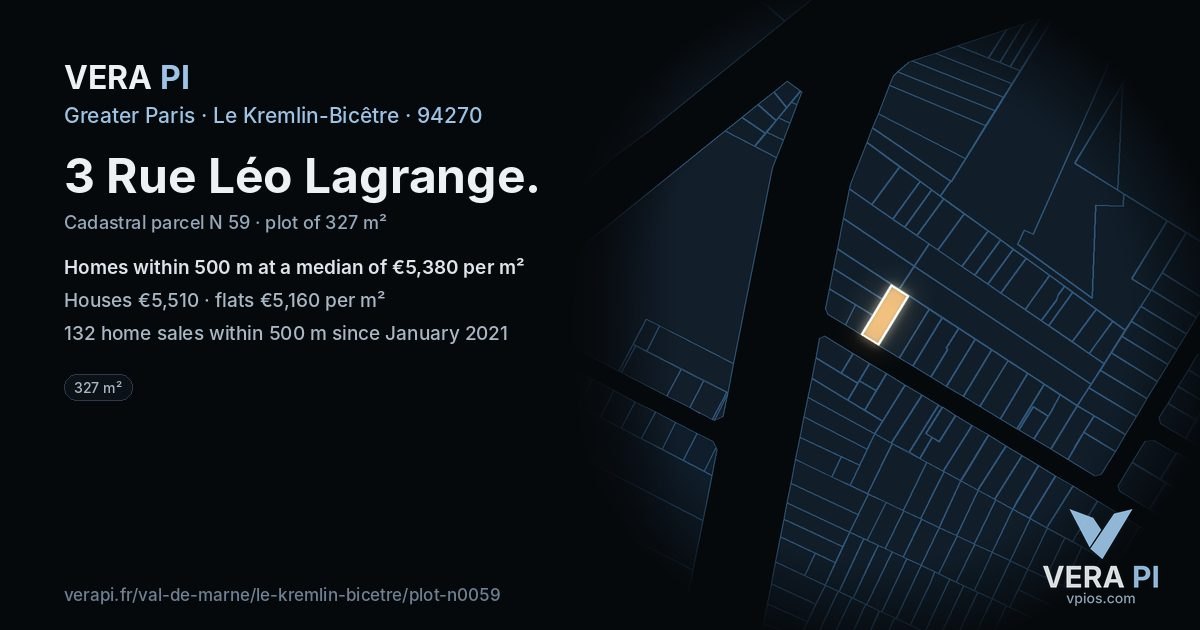 3 Rue Léo Lagrange, Le Kremlin-Bicêtre at night – the plot lit, the parcels around coloured by the prices near them