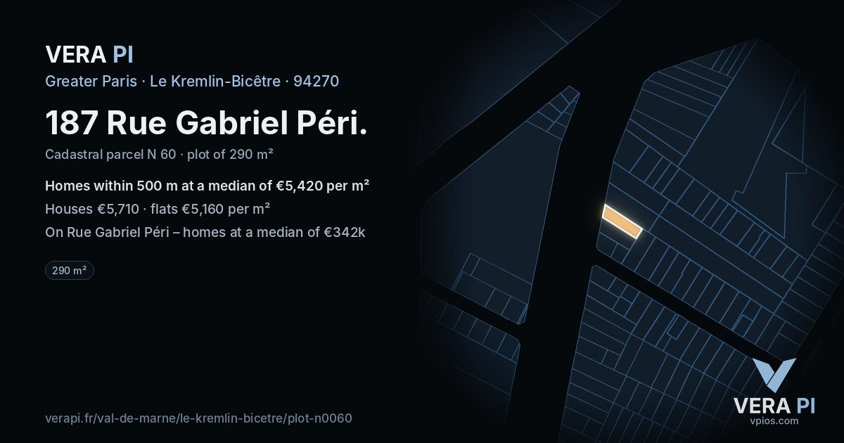 187 Rue Gabriel Péri, Le Kremlin-Bicêtre at night – the plot lit, the parcels around coloured by the prices near them