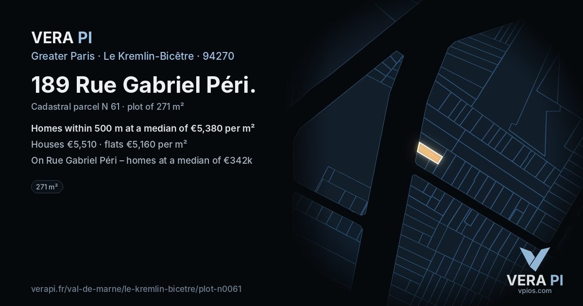 189 Rue Gabriel Péri, Le Kremlin-Bicêtre at night – the plot lit, the parcels around coloured by the prices near them