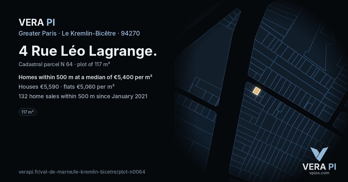 4 Rue Léo Lagrange, Le Kremlin-Bicêtre at night – the plot lit, the parcels around coloured by the prices near them