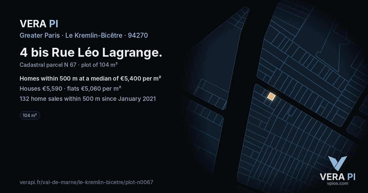 4 bis Rue Léo Lagrange, Le Kremlin-Bicêtre at night – the plot lit, the parcels around coloured by the prices near them
