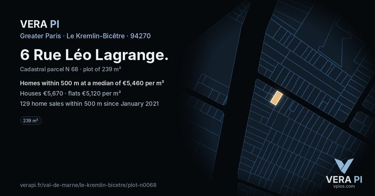 6 Rue Léo Lagrange, Le Kremlin-Bicêtre at night – the plot lit, the parcels around coloured by the prices near them